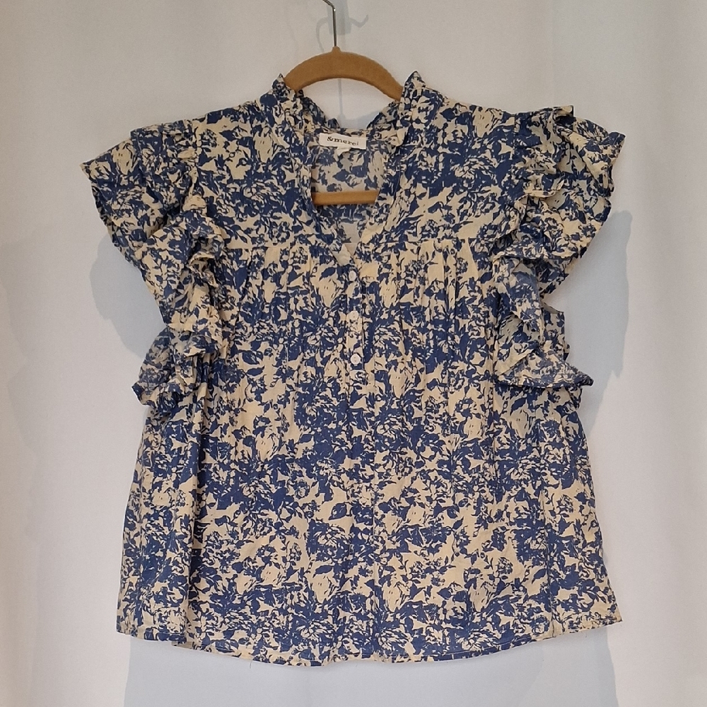 & Mercu Blue and Cream Floral Top Size S